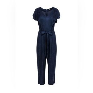 ABS Collections Navy Houndstooth Textured Wide Leg Jumpsuit w/ Tie Belt